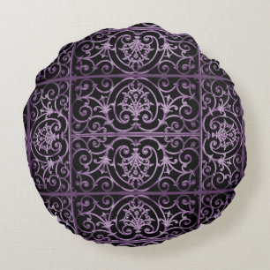 Purple and black scrollwork round pillow