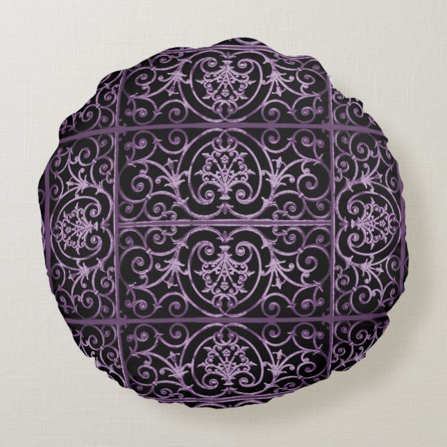 Purple and black scrollwork round pillow (Back)