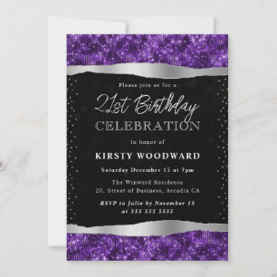 Purple and Black Shimmer Glitter 21st Birthday Invitation
