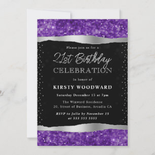 Purple and Black Shimmer Glitter 21st Birthday Invitation