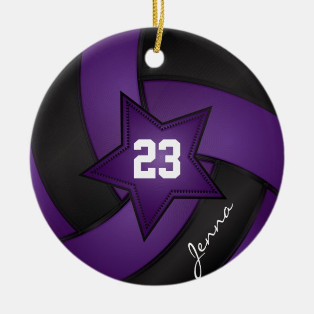 Purple and Black Star Volleyball Ceramic Ornament (Front)