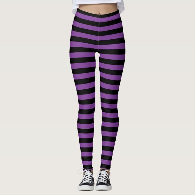 Purple and Black Striped Halloween Witch Leggings (Front)