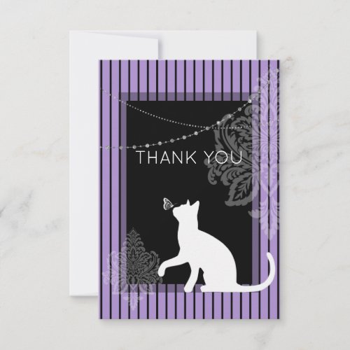 Purple and black stripes and white cat thank you card