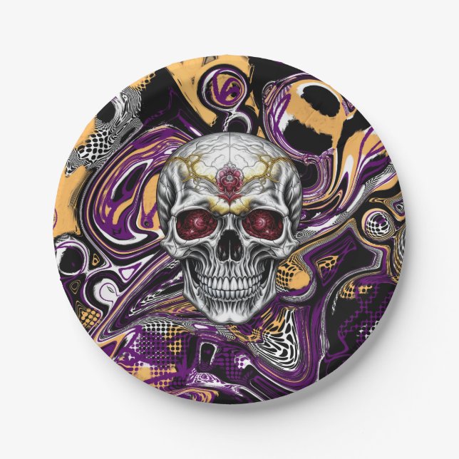 Purple and Black Sugar Skull Halloween Party Paper Plates (Front)