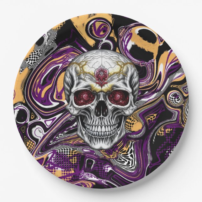 Purple and Black Sugar Skull Halloween Party Paper Plates (Front)
