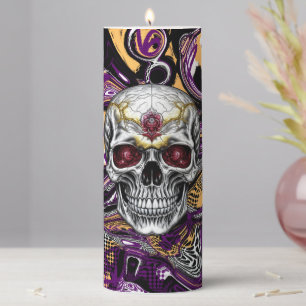 Purple and Black Sugar Skull Halloween Pillar Candle