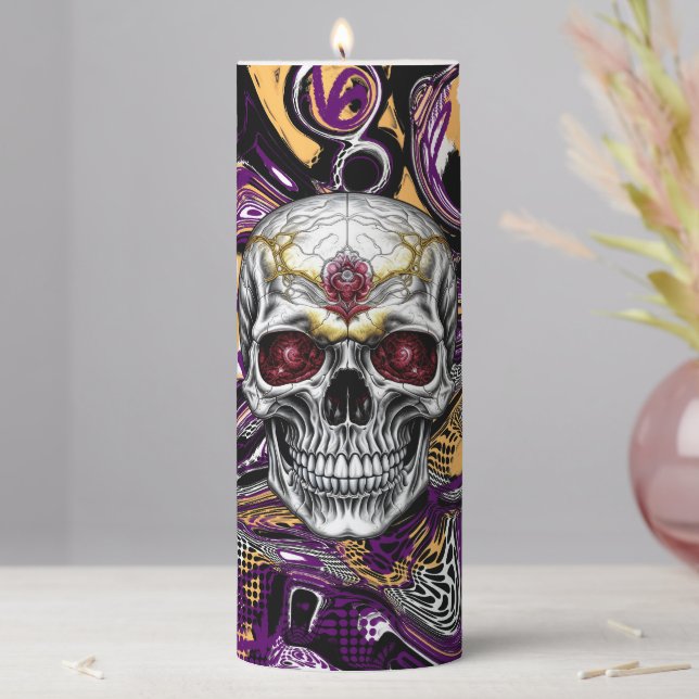 Purple and Black Sugar Skull Halloween  Pillar Candle (In Situ)