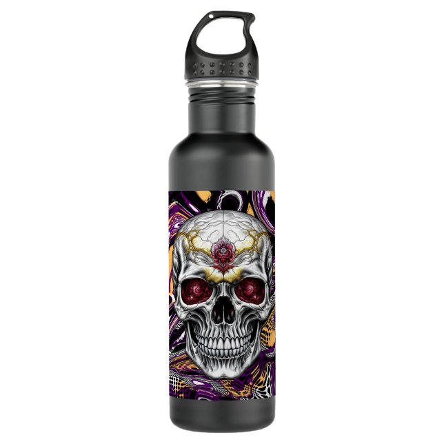 Purple and Black Sugar Skull Halloween  Stainless Steel Water Bottle (Front)