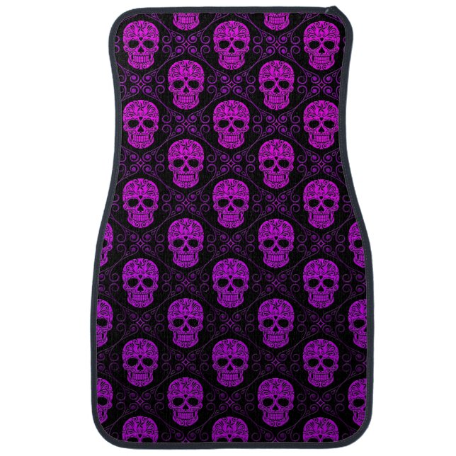 Purple and Black Sugar Skull Pattern Car Floor Mat (Front)