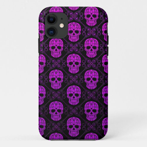 Purple and Black Sugar Skull Pattern iPhone 11 Case