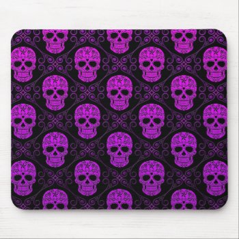 Purple And Black Sugar Skull Pattern Mouse Pad by JeffBartels at Zazzle