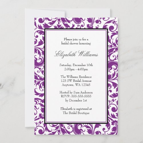 Purple and Black Swirl Damask Bridal Shower Announcement