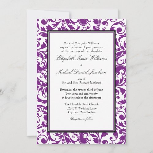 Purple and Black Swirl Damask Wedding Invite