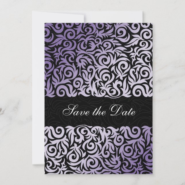 purple and Black Swirling Border Wedding Save The Date (Front)