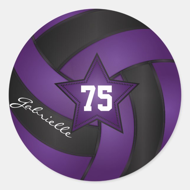 Purple and Black Volleyball | DIY Name & Number Classic Round Sticker (Front)