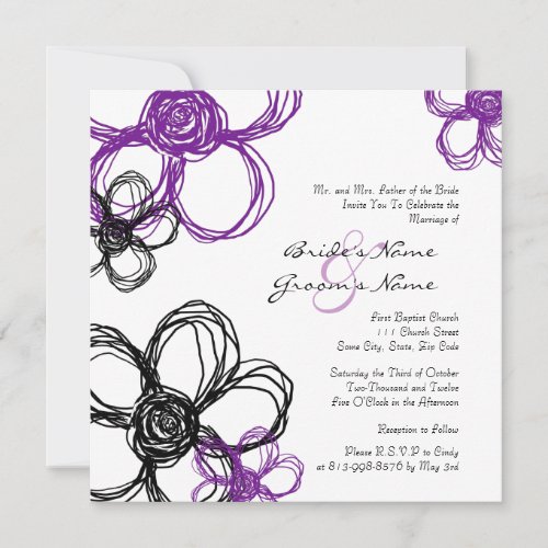 Purple and Black Wild Flowers Wedding Invitation