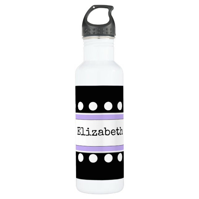 Purple and black with dots and name water bottle (Front)