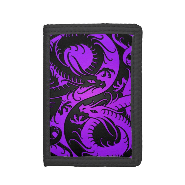 Purple and Black Yin Yang Chinese Dragons Trifold Wallet (Front Vertical)