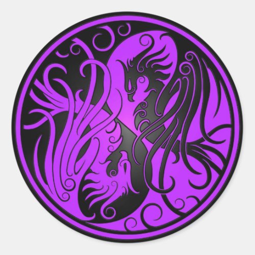 Purple and Black Yin Yang Phoenix Classic Round Sticker