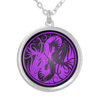 Purple and Black Yin Yang Phoenix Silver Plated Necklace