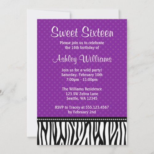 Purple and Black Zebra Polka Dot Sweet 16 Custom Invite