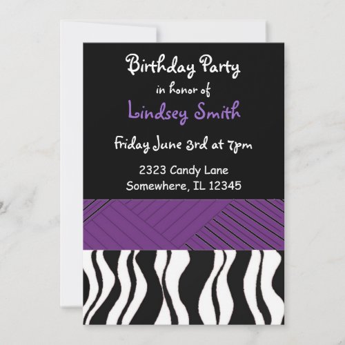 Purple and Black Zebra Print Birthday Invitation