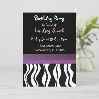 Purple and Black Zebra Print Birthday Invitation | Zazzle