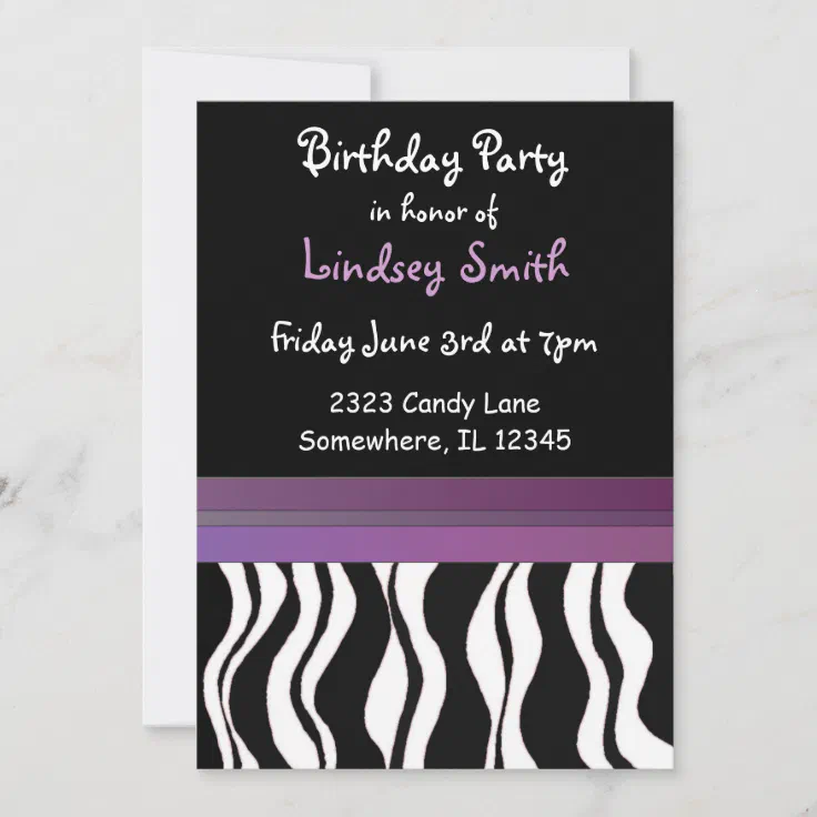 Purple and Black Zebra Print Birthday Invitation | Zazzle