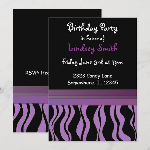 Purple and Black Zebra Print Birthday Invitation | Zazzle
