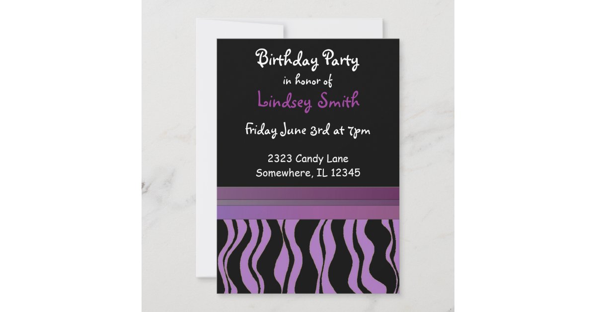 Purple and Black Zebra Print Birthday Invitation | Zazzle