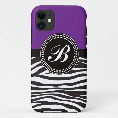 Purple and Black Zebra Print Monogram iPhone Case