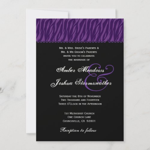 Purple and Black Zebra Print Wedding Metallic Custom Invites