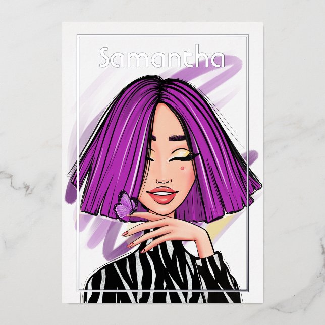 Purple and Black Zebra Stripes Birthday Party Foil Invitation (Front)