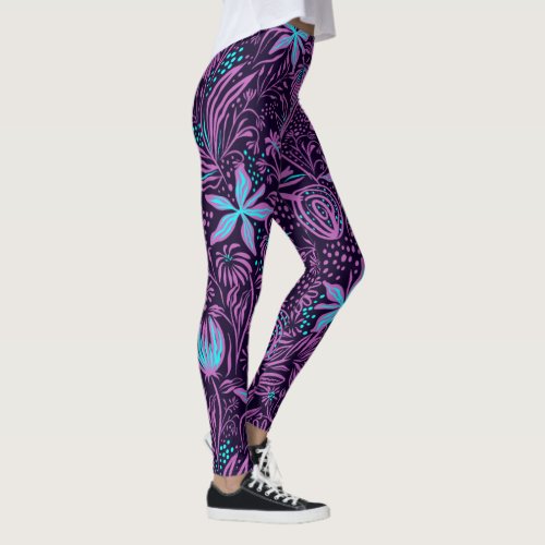 Purple and Blue Abstract Floral Leggings
