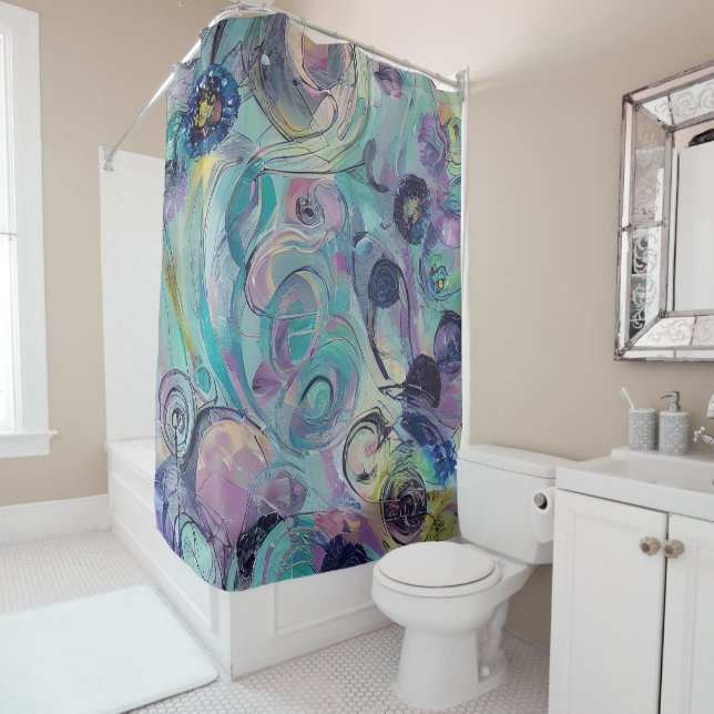 Purple and blue abstract swirls shower curtain (In Situ)