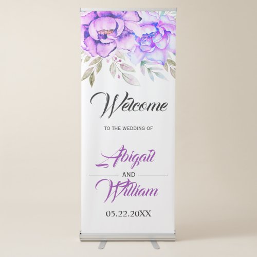 Purple and blue accents watercolor flowers wedding retractable banner