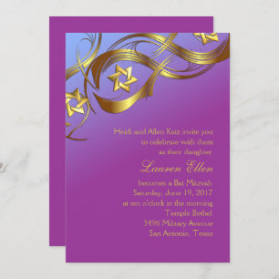 Purple and Blue Bat Mitzvah Gold Stars Flourish Invitation