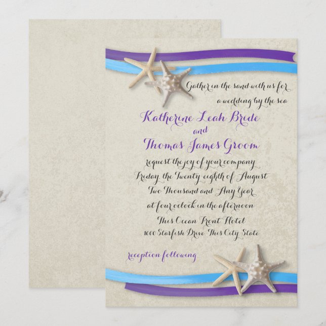 Purple and Blue Beach Wedding Starfish and Ribbon Invitation (Front/Back)