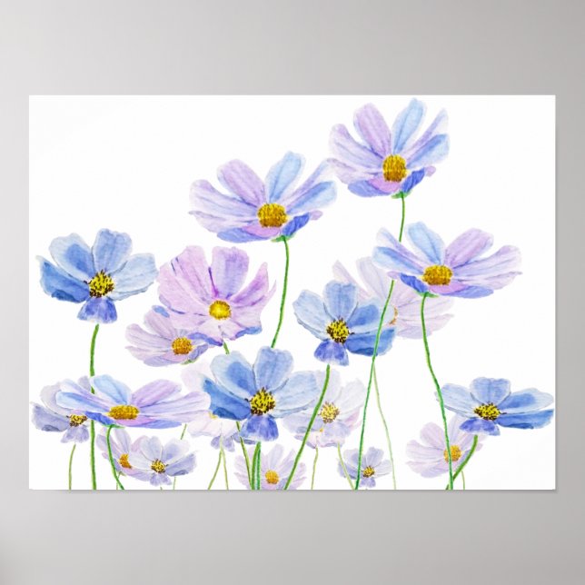 purple and blue cosmos flower watercolor poster (Front)