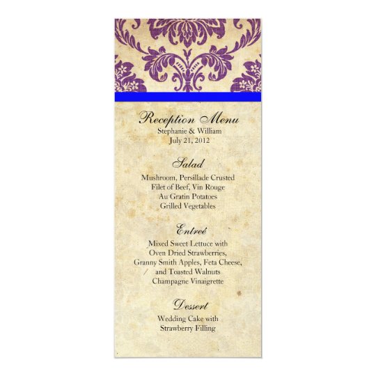 Purple and Blue Damask Reception Menu Card