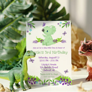 Purple and Blue Dino-Mite Time Birthday Party Invitation