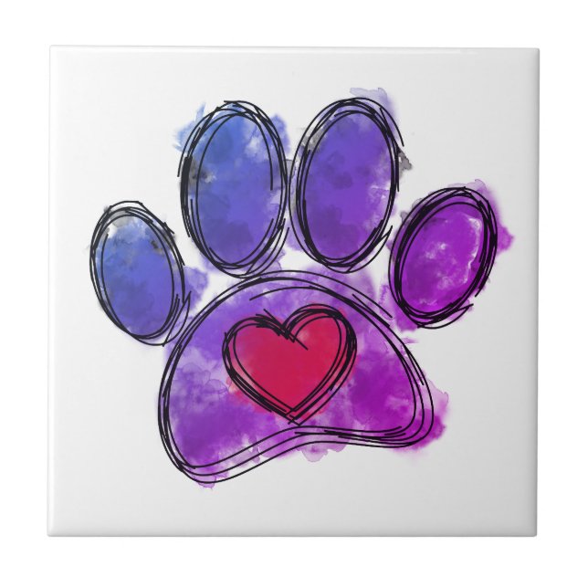 Purple and Blue Dog Lover Drawing Watercolor Ceramic Tile (Front)