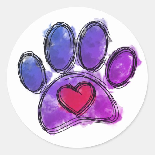 Purple and Blue Dog Lover Drawing Watercolor Classic Round Sticker