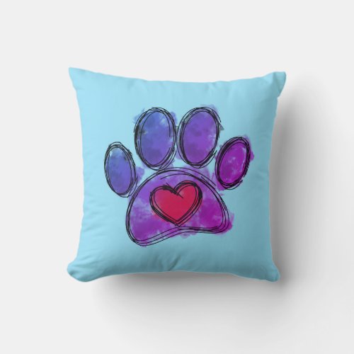 Purple and Blue Dog Lover Drawing Watercolor Throw Pillow