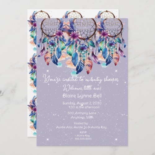 Purple and Blue Dreamcatcher Girl Baby Shower Invitation