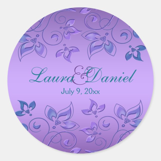 Purple and Blue Floral 1.5" Round Wedding Sticker (Front)