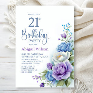 Purple and Blue Floral 21st Birthday Party Invitation