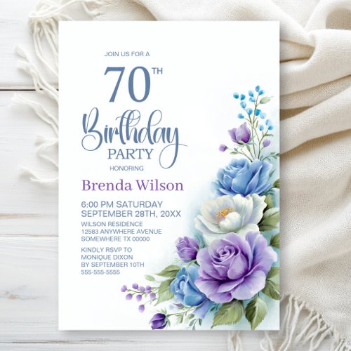 Purple and Blue Floral 70th Birthday Party Invitation