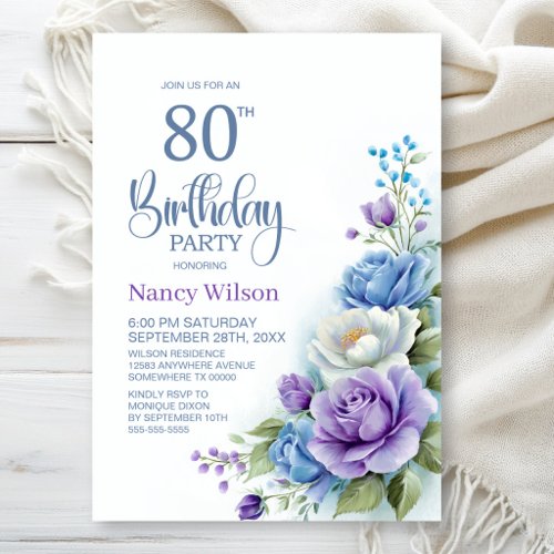 Purple and Blue Floral 80th Birthday Party Invitation