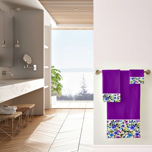 Purple and blue floral bath towel set